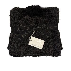 Barefoot Dreams CozyChic Pom Pom Beanie & Scarf Set in Carbon Black-NWT